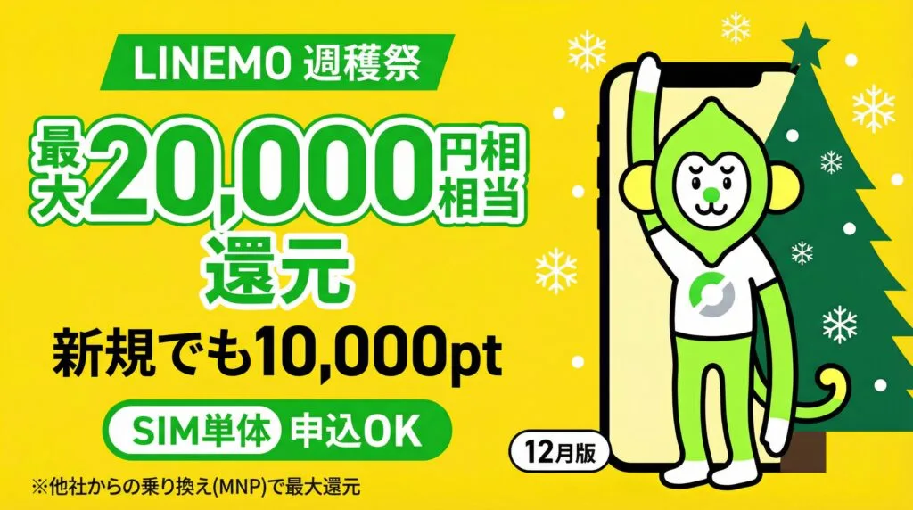 LINEMO週穫祭12月版 最大20000円相当還元 公式モモンキー