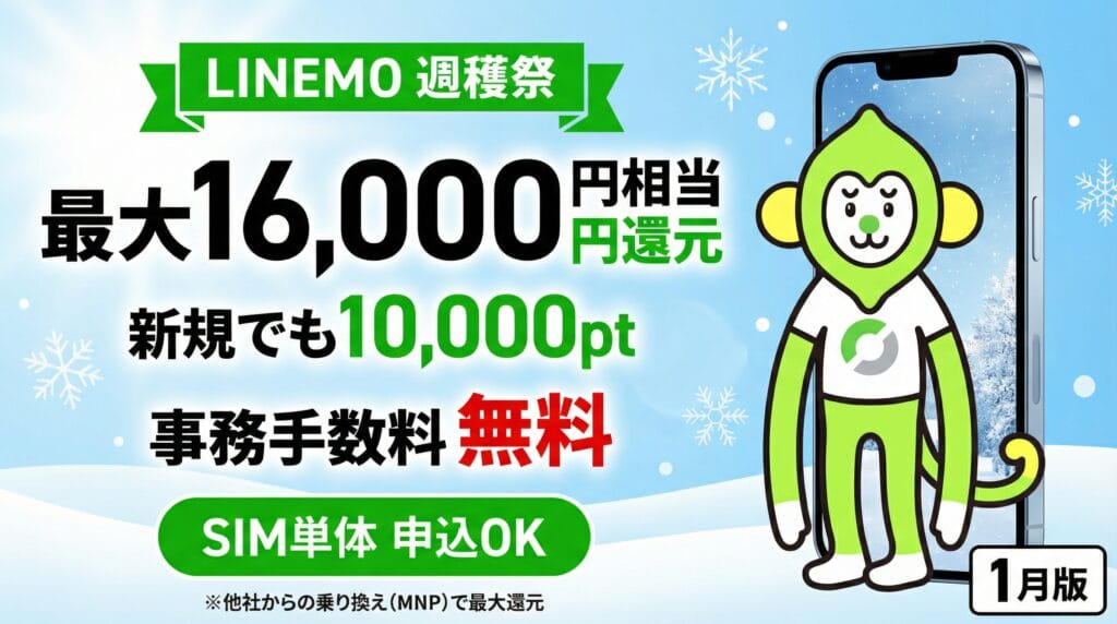LINEMO週穫祭1月版 最大16000円相当還元 事務手数料無料 公式モモンキー