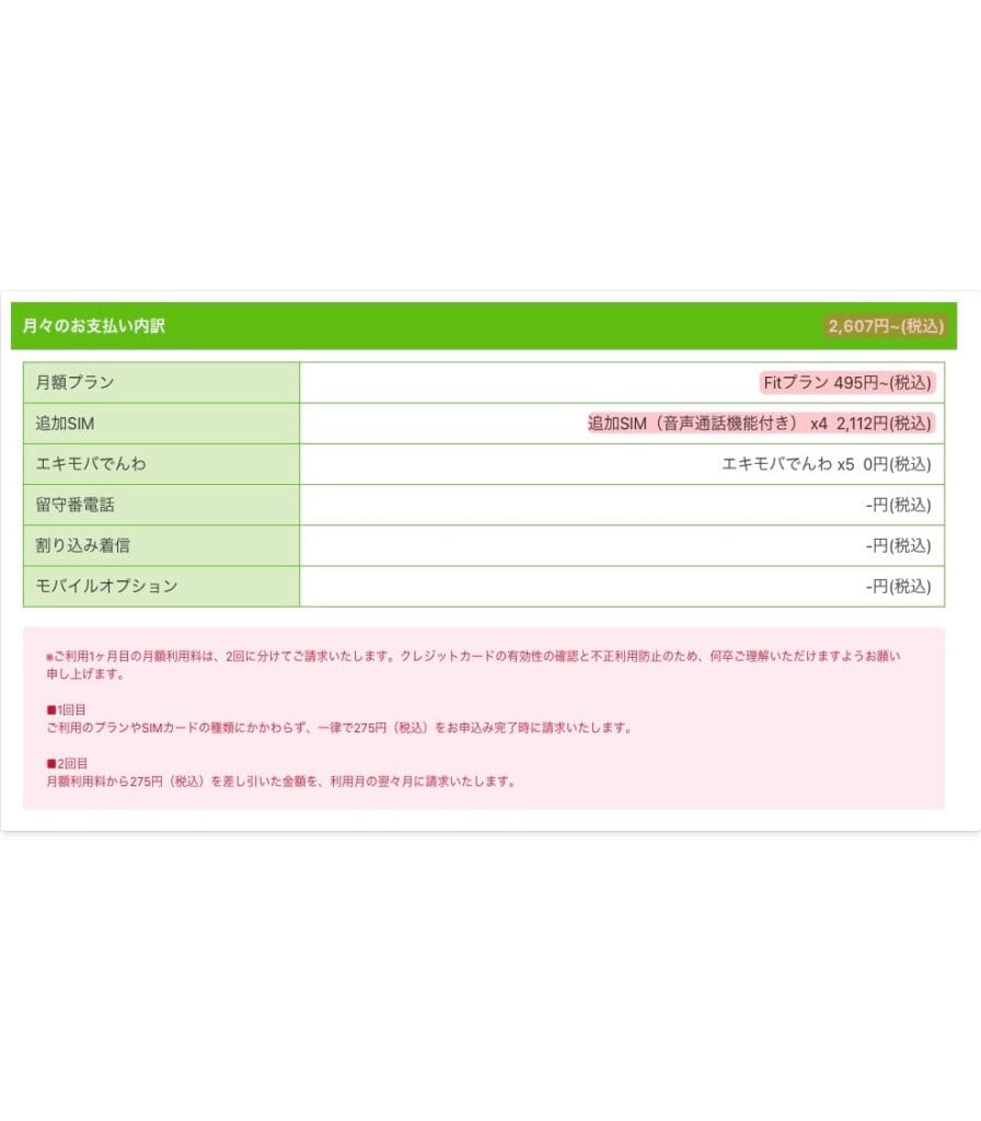 BB.exciteモバイルで音声SIM5枚を月額2607円で作れる料金画面