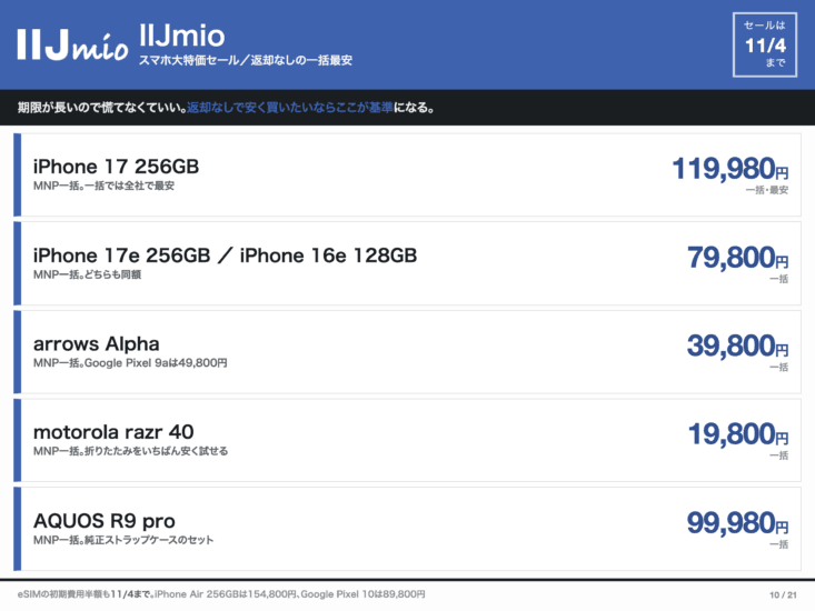 IIJmioスマホ大特価セールの一括価格まとめ