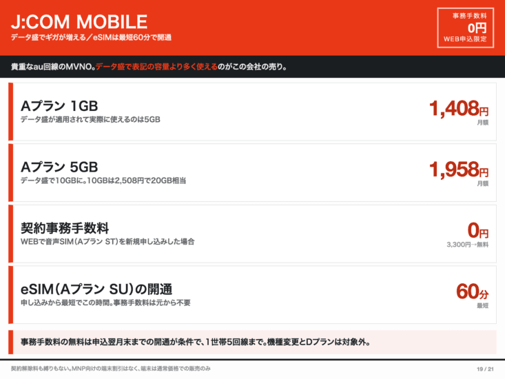 J:COM MOBILEのデータ盛と事務手数料まとめ
