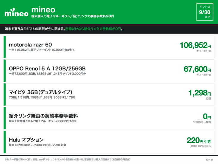 mineoの端末購入ギフトと料金プランまとめ