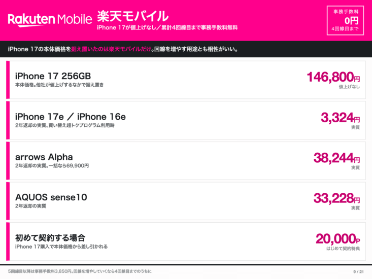 楽天モバイルのiPhone価格と事務手数料まとめ