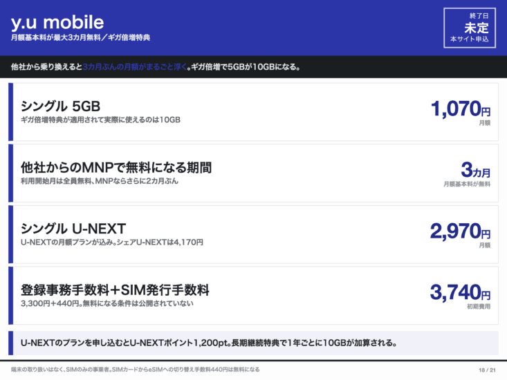 y.u mobileの料金プランと無料期間まとめ