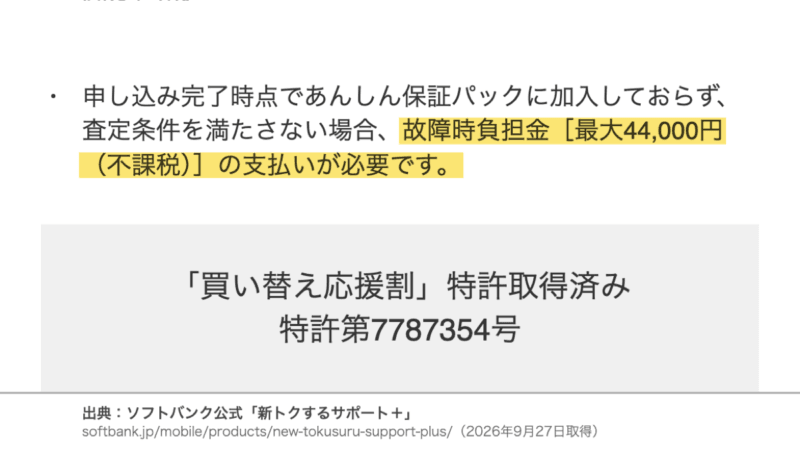 ソフトバンクの故障時負担金が最大44,000円になる公式の注意書き