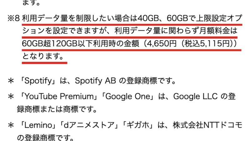 ドコモの報道発表の注記。ahamo ポイ活は上限設定オプションを40GB・60GBにしても、月額料金は60GB超120GB以下の税込5,115円になる
