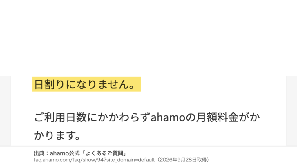 ahamoのよくあるご質問の注記。ahamo回線を解約した月の料金は日割りにならず、利用日数にかかわらず月額料金がかかる