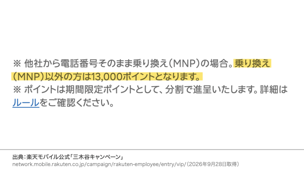 楽天モバイル三木谷キャンペーンの注記。他社から乗り換え(MNP)の場合の金額で、乗り換え以外は13,000ポイント