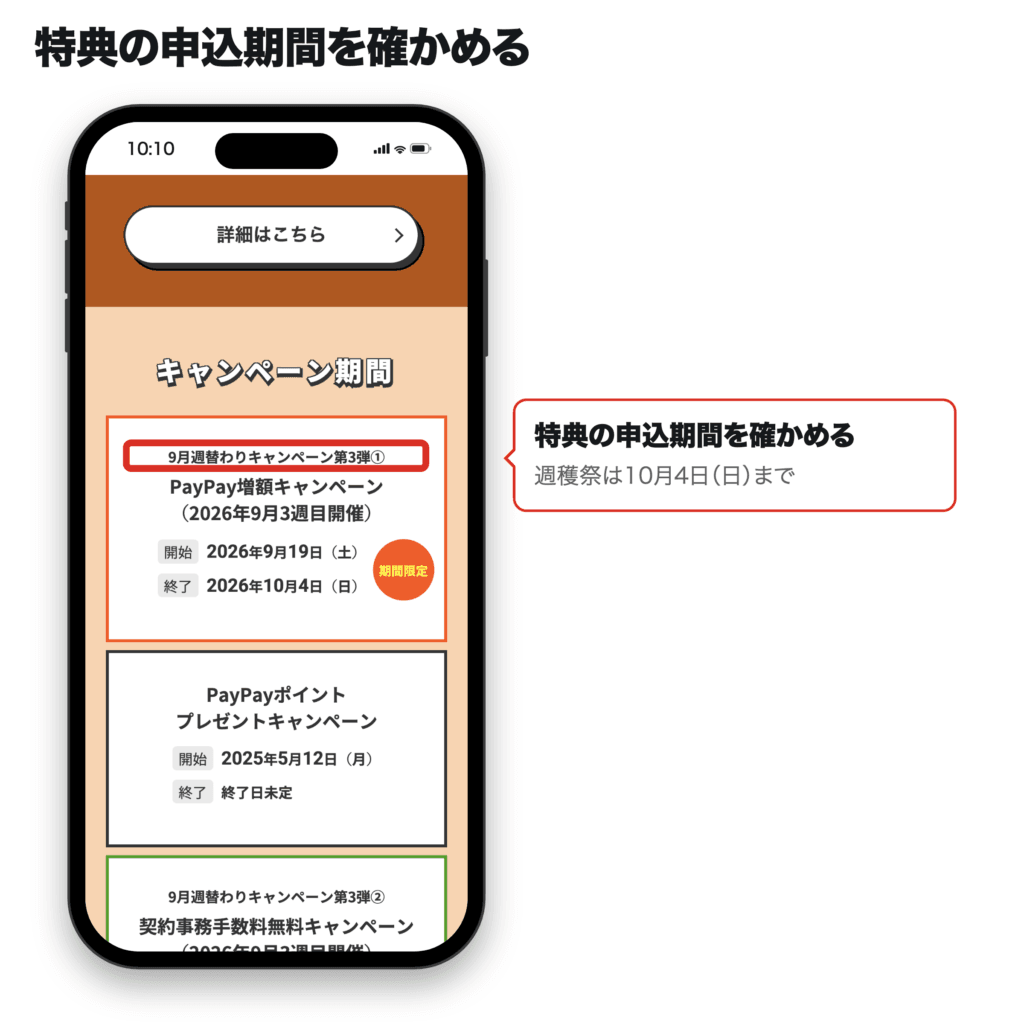 LINEMO週穫祭のページで、9月週替わりキャンペーン第3弾の申込期間(2026年9月19日から10月4日まで)を赤枠で示したスマホ画面