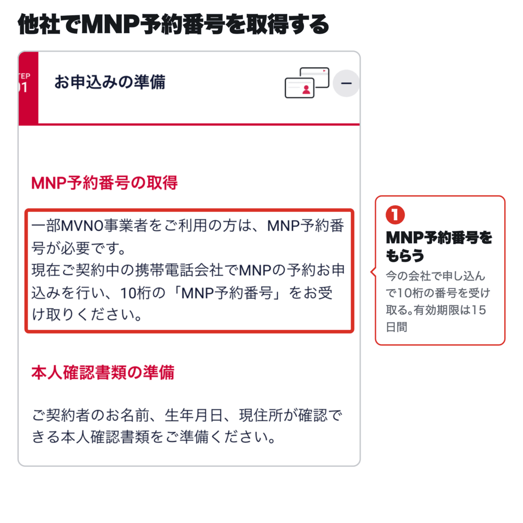 ドコモオンラインショップのお申込みの準備でMNP予約番号の取得を案内する画面