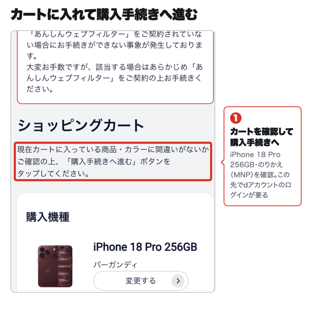 ドコモオンラインショップのショッピングカートでiPhone 18 Pro 256GBを確認する画面
