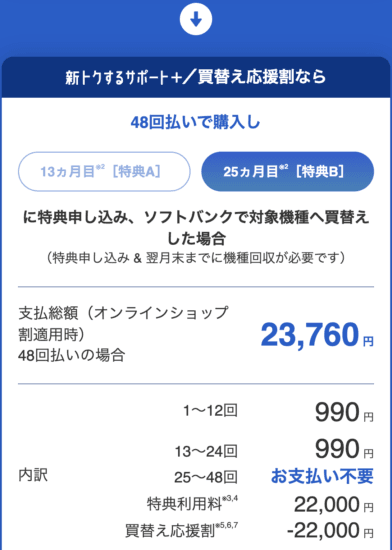 ソフトバンクのiPhone 18 Proを新トクするサポート+で25か月目に返却した時の支払総額23,760円と特典利用料22,000円の内訳