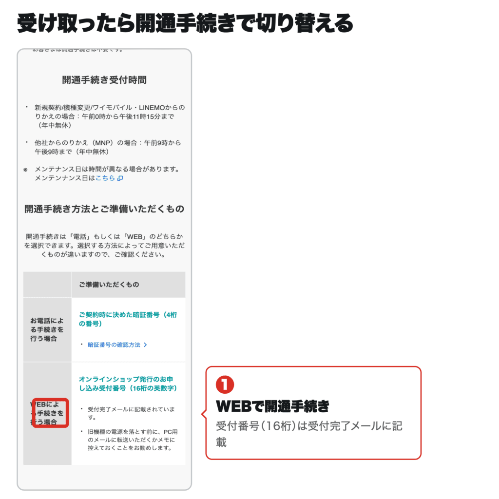 ソフトバンク公式ガイドの開通手続き。受付時間(MNPは午前9時〜午後9時)と電話・WEBの手続き方法、受付番号16桁の記載