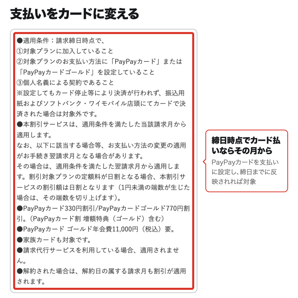 ワイモバイル公式ページのPayPayカード割の適用条件。請求締日時点でPayPayカードを支払い方法に設定していれば、条件を満たした請求月から割引が適用されると書かれた部分を赤枠で囲んだ画像
