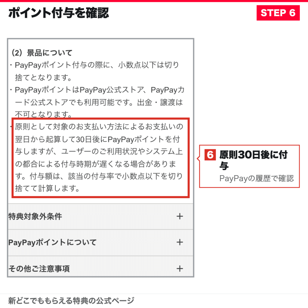 対象支払いから原則30日後にPayPayポイントが付与される説明
