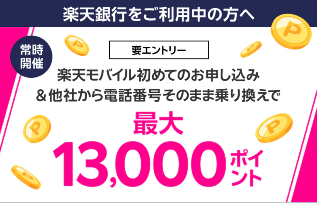 楽天銀行会員限定 初申込で最大13,000ptの公式ページの画像
