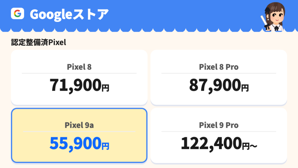 Googleストア認定整備済Pixelの価格。Pixel 8は71,900円、8 Proは87,900円、9aは55,900円、9 Proは122,400円から。