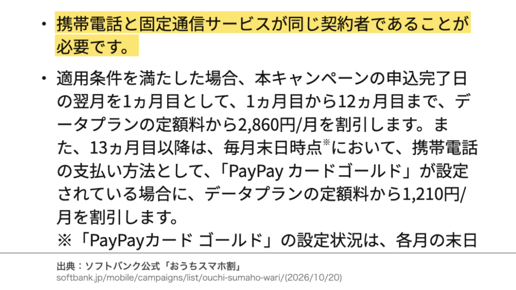 携帯電話と固定通信サービスが同じ契約者であることが必要と示すおうちスマホ割の公式注意書き