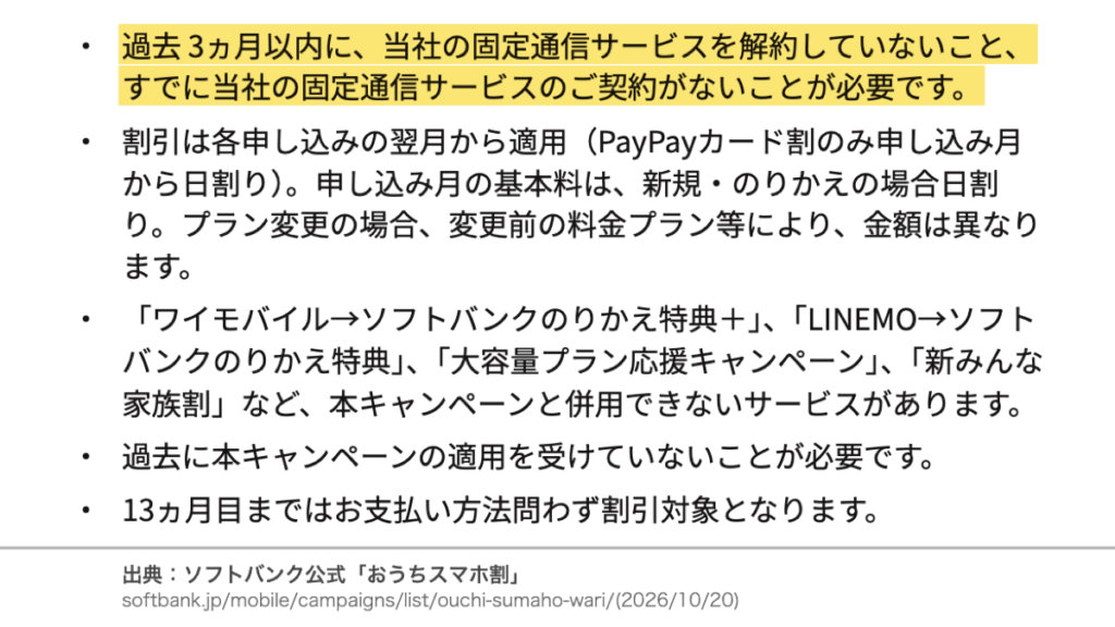 ソフトバンクの固定通信サービスを契約中の人と過去3か月以内に解約した人が対象外であることを示す公式の注意書き