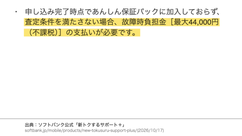 ソフトバンク公式の査定条件。保証パック未加入で査定条件を満たさない場合、故障時負担金最大44,000円（不課税）の支払いが必要。