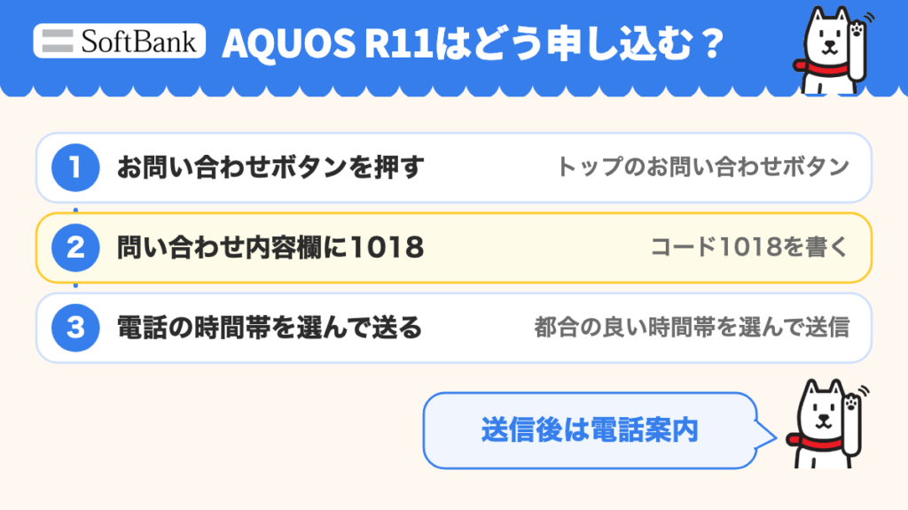 AQUOS R11 お問い合わせ→内容欄1018→電話時間帯選択・送信。