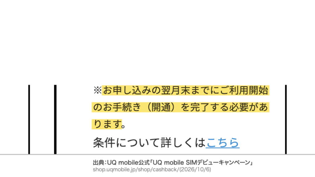 申込みの翌月末までに開通手続きを完了する必要があるという公式の注意書き