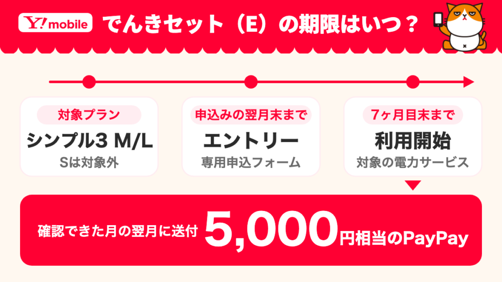 でんきセット（E）の申込月を1ヶ月目としたエントリーと利用開始の期限を示す図